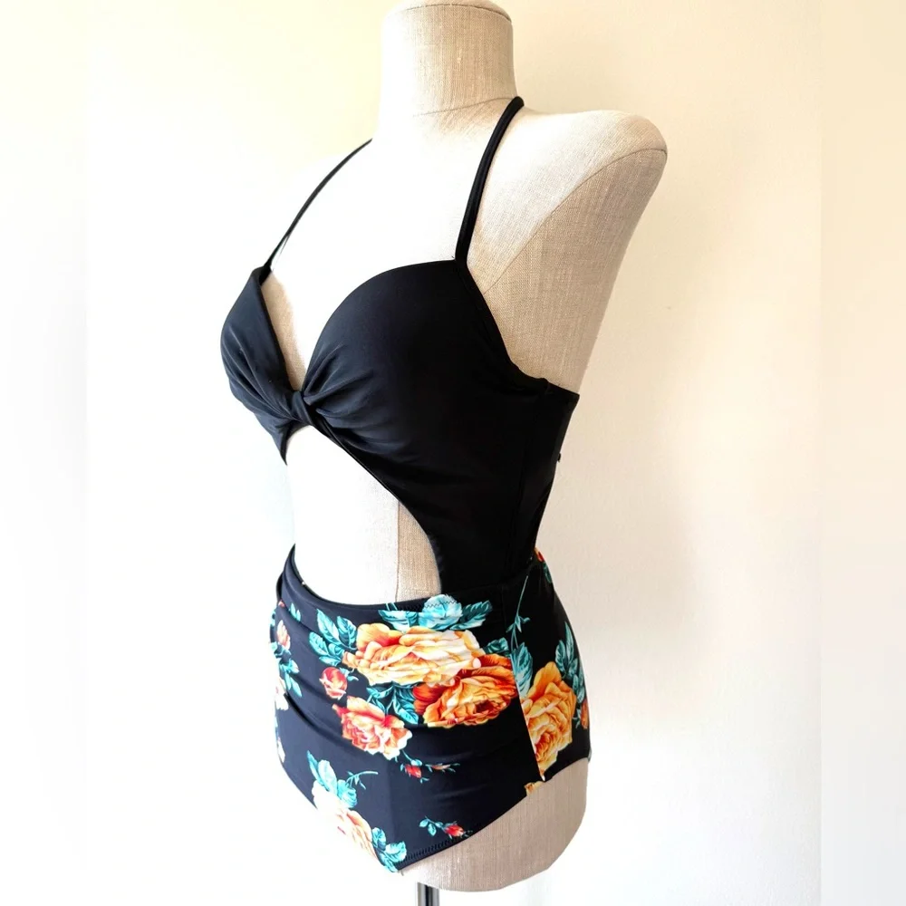 Cupshe Black Floral Print Halter Lace-Up Tummy Control One Piece Swimsuit - Picture 6 of 16